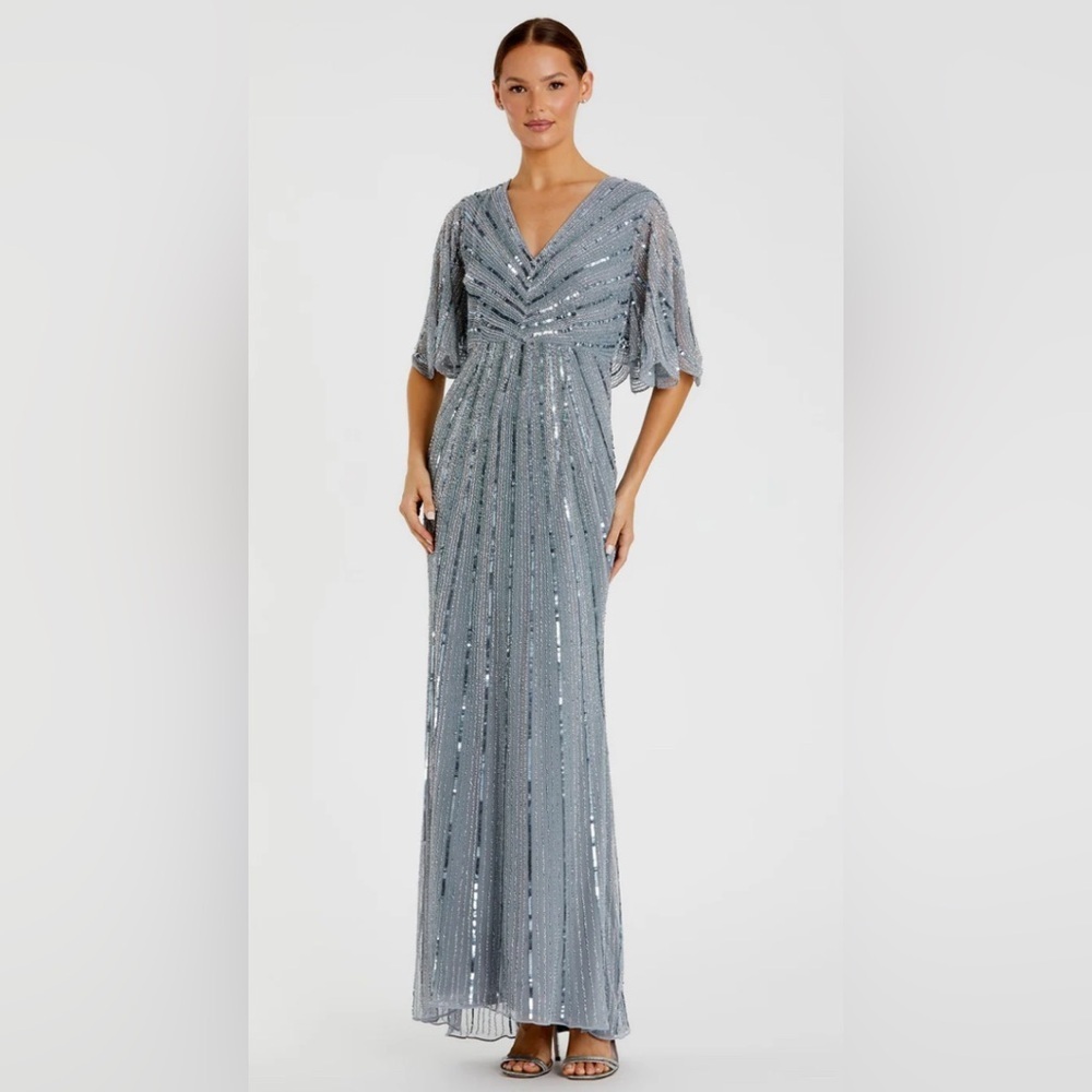 NWT |Mac Duggal 93583 Slate Blue Grey Sequined V Neck Cape Sleeve Gown Size 10 - Picture 3 of 16
